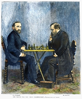 Chess Match Print, 1886 Wood Engraving