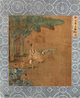 ChineseArt Collection: A Chinese sage sitting on a bench beneath banana trees, with servants preparing a meal