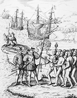 CHRISTOPHER COLUMBUS (1451-1506). Italian navigator. Columbus landing on the island of Hispaniola CHRISTOPHER COLUMBUS (1451-1506). Italian navigator. Columbus landing on the island of Hispaniola