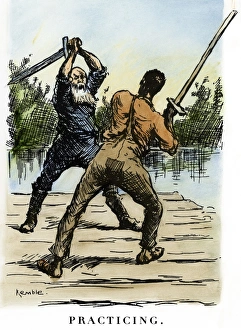 CLEMENS: HUCK FINN, 1885. 'Practicing.' The king and the duke, a pair of con men CLEMENS: HUCK FINN, 1885. 'Practicing.' The king and the duke, a pair of con men