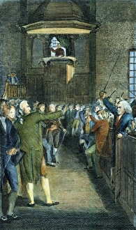 COLONIAL ASSEMBLY. A colonial American town meeting. Colored line engraving from John COLONIAL ASSEMBLY. A colonial American town meeting. Colored line engraving from John