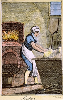 COLONIAL BAKER, 18th C. A colonial American baker. Color line engraving, late 18th century COLONIAL BAKER, 18th C. A colonial American baker. Color line engraving, late 18th century