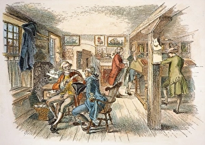 COLONIAL BANK. A counting room in colonial America. Pen-and-ink drawing, c1879 COLONIAL BANK. A counting room in colonial America. Pen-and-ink drawing, c1879