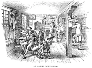 COLONIAL BANK. An Old Time Counting-Room. Colonial American bank. Engraving, 1879 COLONIAL BANK. An Old Time Counting-Room. Colonial American bank. Engraving, 1879