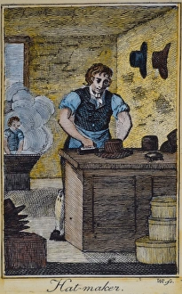 COLONIAL HATTER. A colonail American hatter: colored line engraving, late 18th century COLONIAL HATTER. A colonail American hatter: colored line engraving, late 18th century