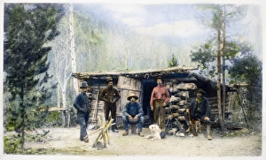 COLORADO: MINERS. Miners at a camp in Colorado. Oil over a photograph, late 19th century COLORADO: MINERS. Miners at a camp in Colorado. Oil over a photograph, late 19th century