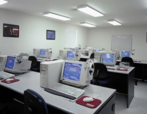Vintage Classroom Prints: COMPUTER LAB, c1990. Computer lab at a school. Photograph by Carol M. Highsmith, c1990
