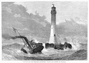Cornwall Maritime History Prints: CORNWALL: LIGHTHOUSE, 1870. Putting the keepers on the newly completed Wolf Rock lighthouse 8 miles off Lands End