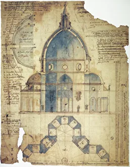 Cross-section of Filippo Brunelleschis design for the dome of Santa Maria del Fiore Cathedral in Florence, Italy. Contemporary drawing by Lodovico Cardi da Cigoli