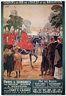 Crowds admiring the Horse Guards at St. James Park in London, England, on a French railway poster of 1908 promoting Crowds admiring the Horse Guards at St. James Park in London, England, on a French railway poster of 1908 promoting