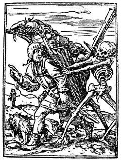 DANCE OF DEATH, 1538. Death and the Peddler. Woodcut by Hans Holbein the Younger DANCE OF DEATH, 1538. Death and the Peddler. Woodcut by Hans Holbein the Younger