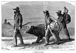 DANCING BEAR. Wood engraving, 19th century DANCING BEAR. Wood engraving, 19th century