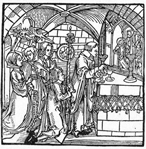 DEVIL, 1498. The devil chattering to women during mass. Woodcut, German, 1498 DEVIL, 1498. The devil chattering to women during mass. Woodcut, German, 1498