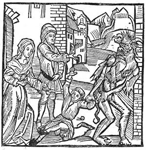 DEVIL AND CHILD, 1498. A child being taken away from his parents by the devil with DEVIL AND CHILD, 1498. A child being taken away from his parents by the devil with