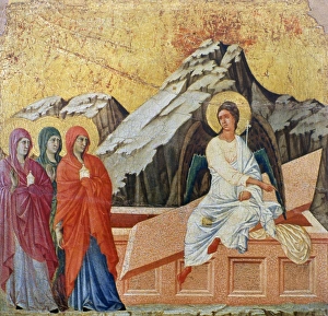 DUCCIO: THREE MARYS. The three Marys at the tomb of Christ. Oil on wood by Duccio di Buoninsegna, c1308-1311 DUCCIO: THREE MARYS. The three Marys at the tomb of Christ. Oil on wood by Duccio di Buoninsegna, c1308-1311