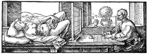 DURER: MEASUREMENT. A man drawing a recumbent woman, in foreshortening through DURER: MEASUREMENT. A man drawing a recumbent woman, in foreshortening through