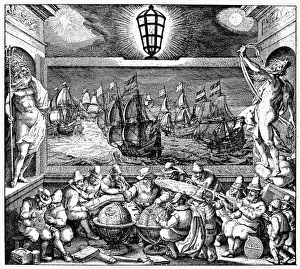 Prints of DUTCH COMMERCE, 1612. The Light of Navigation. Engraved frontispiece, 1612, to a book of sea charts by the Dutch geographer Willem Janszoon Blaeu Willem Janszoon Blaeu Prints: Engraved Print of Dutch Commerce Frontispiece, 1612