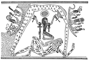 EGYPTIAN UNIVERSE. The ancient Egyptian cosmos, depicting Geb (Earth), Shu (Air) EGYPTIAN UNIVERSE. The ancient Egyptian cosmos, depicting Geb (Earth), Shu (Air)