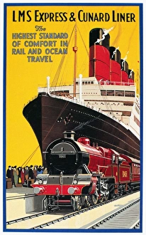 English poster, c1930, for LMS Express and Cunard Line, rail and ocean travel English poster, c1930, for LMS Express and Cunard Line, rail and ocean travel