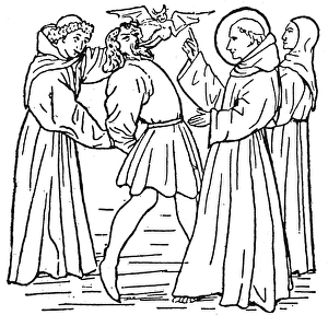 EXORCISM. A medieval saint exorcising a demon. Woodcut EXORCISM. A medieval saint exorcising a demon. Woodcut
