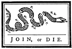 First American political cartoon, originally published by Benjamin Franklin in his First American political cartoon, originally published by Benjamin Franklin in his