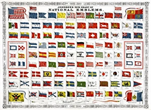 FLAGS, 1868. Johnsons New Chart of National Emblems. Engraving showing national FLAGS, 1868. Johnsons New Chart of National Emblems. Engraving showing national