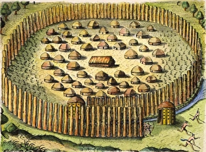 FLORIDA NATIVE AMERICANS: VILLAGE 1591. Colored engraving by Theodore de Bry after FLORIDA NATIVE AMERICANS: VILLAGE 1591. Colored engraving by Theodore de Bry after