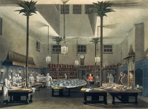 Prints of ENGLAND: BRIGHTON PAVILION. The kitchen of the Royal Pavilion at Brighton, England, designed for the Prince Regent, later King George IV, by John Nash Brighton And Hove Prints: Color aquatint print of the Royal Pavilion kitchen