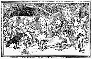 Abeille Collection: FRANCE: ABEILLE, 1907. Abeille awakens to find herself surrounded by gnomes. Pen-and-ink drawing