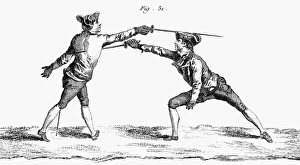 FRANCE: FENCING, c1750. A thrust in epee or foil fencing. Wood engraving, French, mid-18th century FRANCE: FENCING, c1750. A thrust in epee or foil fencing. Wood engraving, French, mid-18th century
