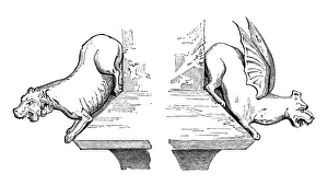 GARGOYLES, 15TH CENTURY. Gargoyles on the Palace of Justice, Rouen, France, 15th century. Engraving GARGOYLES, 15TH CENTURY. Gargoyles on the Palace of Justice, Rouen, France, 15th century. Engraving