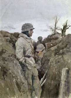 A German soldier in a trench on the Eastern Front during World War II. Painting by A. Hierl, c1945 A German soldier in a trench on the Eastern Front during World War II. Painting by A. Hierl, c1945