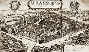 GERMANY: LEIPZIG. A view of Leipzig, Germany. Line engraving, German, 1617, by Braun-Hogenberg. St GERMANY: LEIPZIG. A view of Leipzig, Germany. Line engraving, German, 1617, by Braun-Hogenberg. St