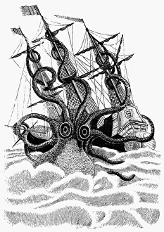 GIANT OCTOPUS. A giant octopus attacking a vessel. Line engraving, French GIANT OCTOPUS. A giant octopus attacking a vessel. Line engraving, French