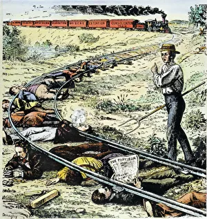 GRANGER MOVEMENT. The Grange Awakening the Sleepers. American cartoon, 1873, inspired by the Vanderbilt system of secret rebates, showing a farmer trying to rouse the country to the railroad menace GRANGER MOVEMENT. The Grange Awakening the Sleepers. American cartoon, 1873, inspired by the Vanderbilt system of secret rebates, showing a farmer trying to rouse the country to the railroad menace