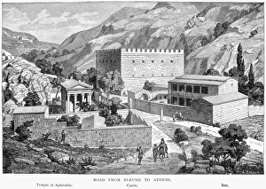 GREECE: ROAD TO ATHENS. 'Road from Eleusis to Athens.' Temple of Aphrodite is shown at left. Wood engraving, late 19th century, after a drawing by Johann Rudolf Bühlmann. GREECE: ROAD TO ATHENS. 'Road from Eleusis to Athens.' Temple of Aphrodite is shown at left. Wood engraving, late 19th century, after a drawing by Johann Rudolf Bühlmann.