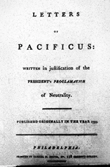 HAMILTON: TITLE PAGE, 1793. Letters of Pacificus HAMILTON: TITLE PAGE, 1793. Letters of Pacificus