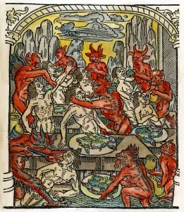 Christian Allegory Images Prints: HELL: SEVEN DEADLY SINS. The Gluttonous are forcefed on toads, rats, and snakes