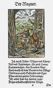 Prints of WAGONWRIGHT, 1568. The wagonwright, a maker of wheels, wagons, carts, carriages and plows. Woodcut, 1568, by Jost Amman Jost Amman Prints: Wagonwright Print, 1568