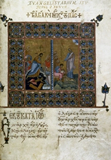 HARROWING OF HELL. St John with Prochoros: manuscript illumination from a Greek Gospel Lectionary HARROWING OF HELL. St John with Prochoros: manuscript illumination from a Greek Gospel Lectionary