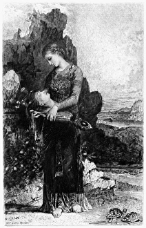 HEAD OF ORPHEUS. Thracian girl carrying the head of Orpheus. Etching, late 19th century HEAD OF ORPHEUS. Thracian girl carrying the head of Orpheus. Etching, late 19th century