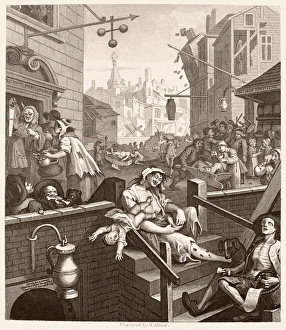 HOGARTH: GIN LANE. Beer Street and Gin Lane. Steel engraving, c1860, after the original by William Hogarth (1697-1764) HOGARTH: GIN LANE. Beer Street and Gin Lane. Steel engraving, c1860, after the original by William Hogarth (1697-1764)