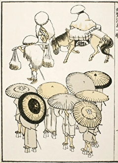 Horseman and samurai in the rain. The samurai wear high, thin rain clogs Horseman and samurai in the rain. The samurai wear high, thin rain clogs