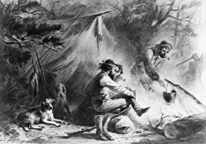 HUNTERS AT CAMP. Hunters preparing supper at camp. Drawing by Felix O.C. Darley HUNTERS AT CAMP. Hunters preparing supper at camp. Drawing by Felix O.C. Darley
