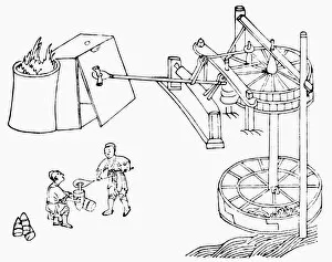 ChineseArt Collection: Hydraulic machine used to power a foundray furnace. Sketch after a Chinese work of 1313