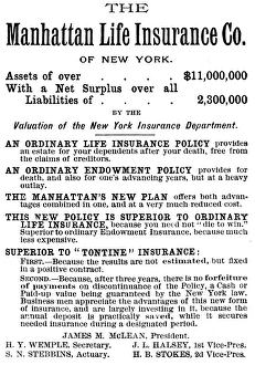 INSURANCE ADVERTISEMENT. The Manhattan Life Insurance Company, from an American INSURANCE ADVERTISEMENT. The Manhattan Life Insurance Company, from an American
