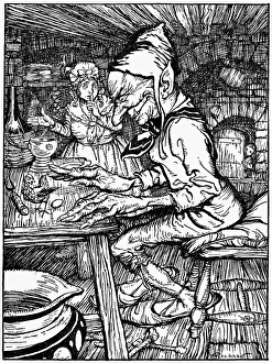 JACK AND THE BEANSTALK. Pen-and-ink drawing by Arthur Rackham (1867-1939) for the JACK AND THE BEANSTALK. Pen-and-ink drawing by Arthur Rackham (1867-1939) for the