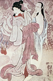 JAPAN: GHOST. Japanese woodcut showing a hostile spirit plaguing a woman. Woodcut JAPAN: GHOST. Japanese woodcut showing a hostile spirit plaguing a woman. Woodcut