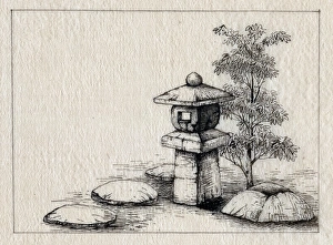 Japanese ornamental stone lantern post in a garden setting, next to a tall bush and small stones Japanese ornamental stone lantern post in a garden setting, next to a tall bush and small stones