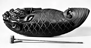 Japanese wooden drum in the shape of fish (Mokugyo), used in Buddhist temple ceremonies Japanese wooden drum in the shape of fish (Mokugyo), used in Buddhist temple ceremonies
